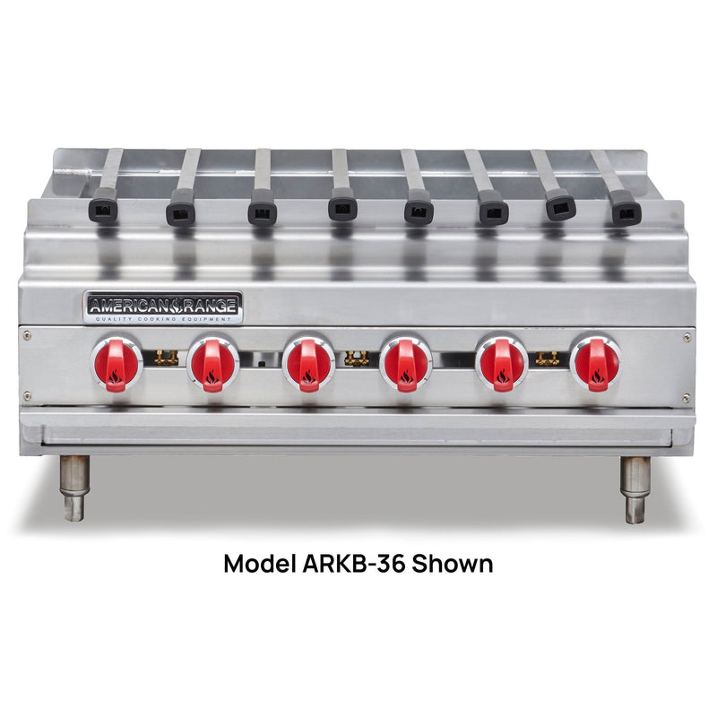 American Range ARKB-24 24-inch gas kebab broiler, stainless steel countertop unit with red knobs, front view