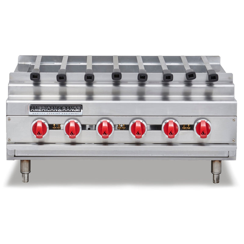 American Range ARKB-36 36-inch gas kebab broiler, stainless steel countertop unit with red knobs, front view