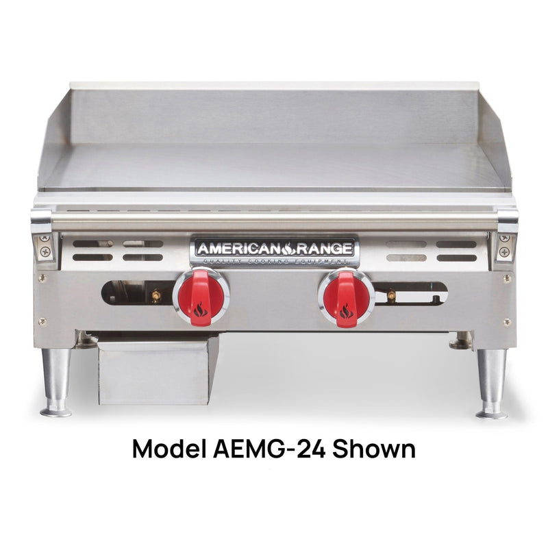American Range ARMG Series gas manual griddle, stainless steel countertop unit with red knobs, front view