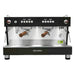 Ascaso BARISTA-T-ONE two group espresso machine in black with wood-handled portafilters, front view