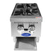 Atosa ACHP-2 12-inch two burner gas countertop hot plate, front view with the crumb tray pulled out