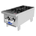 Atosa ACHP-2 two burner gas countertop hot plate, angled left view of the stainless steel body and grates
