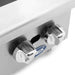 Atosa ACHP-2 two burner gas countertop hot plate, close-up of the stainless steel burner control knobs