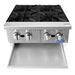 Atosa ACHP-4 24-inch four burner gas countertop hot plate, front view with the crumb tray pulled out