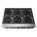 Atosa ACHP-6 36-inch six burner gas countertop hot plate, top view of the cast iron grates and burners
