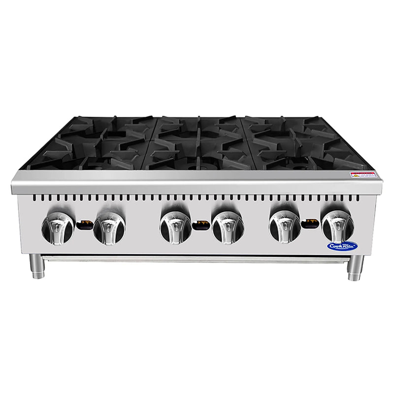 Atosa ACHP-6 36-inch six burner natural gas or propane countertop hot plate, front view with control knobs