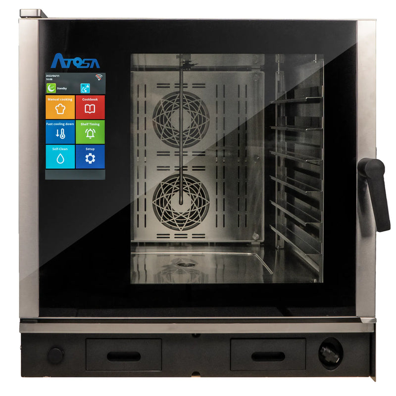 Atosa AEC-0621E electric combi oven with digital touchscreen controls, front view, fits 6 full size sheet pans