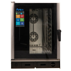 Atosa AEC-1011E electric combi oven with digital touchscreen controls, front view, fits 10 half size sheet pans