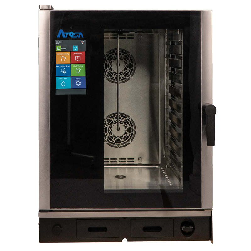 Atosa AEC-1011E electric combi oven with digital touchscreen controls, front view, fits 10 half size sheet pans