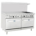 Atosa AGR-2B48GR 60-inch burner and griddle gas range with two ovens, angled front view with backsplash
