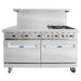 Atosa AGR-4B36GR 60-inch burner and griddle gas range with two ovens, angled front view with backsplash