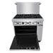Atosa AGR-6B 36-inch six burner gas range with the oven door open showing the oven rack inside