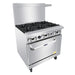 Atosa AGR-6B 36-inch six burner gas range, angled view of the stainless steel body and backsplash