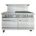 Atosa AGR-6B24GR 60-inch burner and griddle gas range with two ovens, angled front view with backsplash