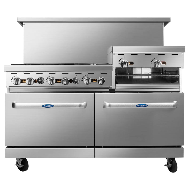Atosa AGR-6B24RGB 60-inch gas range with six burners and a 24-inch raised griddle broiler, front view