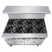 Atosa AGR-8B eight burner commercial gas range, top view of the cast iron grates over all eight burners