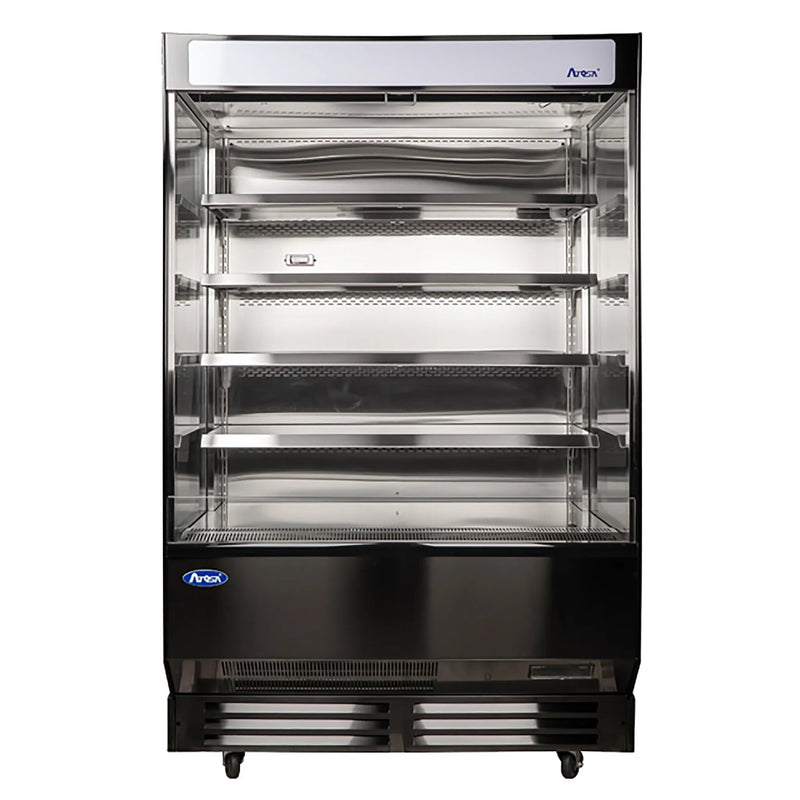 Atosa AOM-50B 52-inch wide black open air refrigerated merchandiser with adjustable shelves, front view