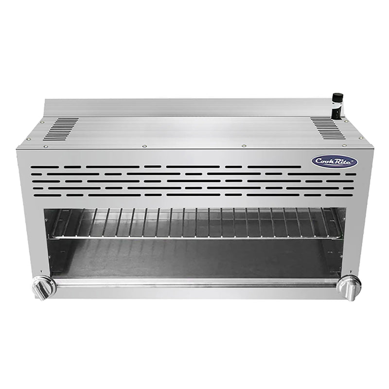Atosa ATCM-36 36-inch natural gas or propane cheese melter, front view of the stainless steel body