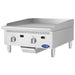 Atosa ATG-2424 24-inch countertop gas griddle, angled left view of the steel plate and control knobs
