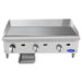 Atosa ATMG-36 36-inch manual gas griddle, front view with the stainless steel grease drawer pulled out