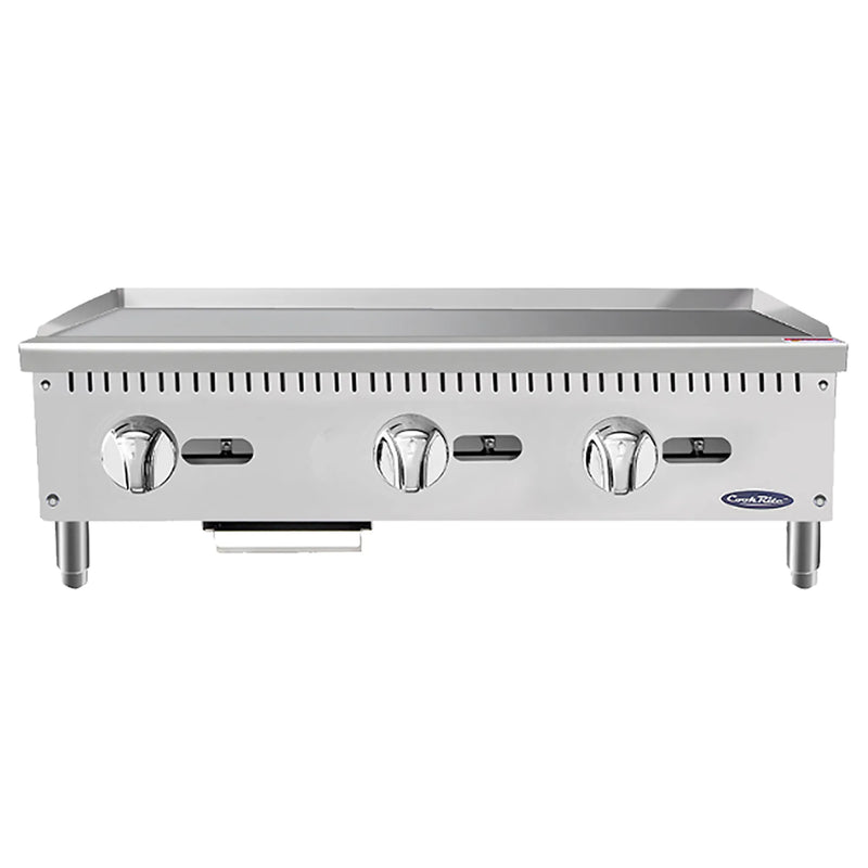 Atosa ATMG-36 36-inch stainless steel manual gas griddle with 20-inch deep plate and three control knobs, front view