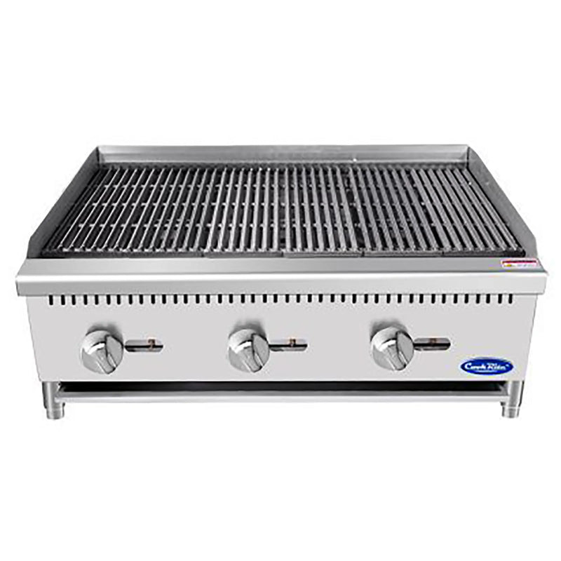 Atosa ATRC/ATCB-36 36-inch heavy duty gas charbroiler with cast iron grates and three control knobs, front view