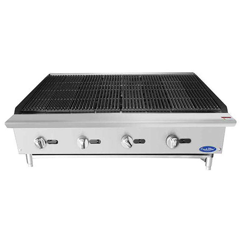 Atosa ATRC/ATCB-48 48-inch heavy duty gas charbroiler with cast iron grates and four control knobs, front view