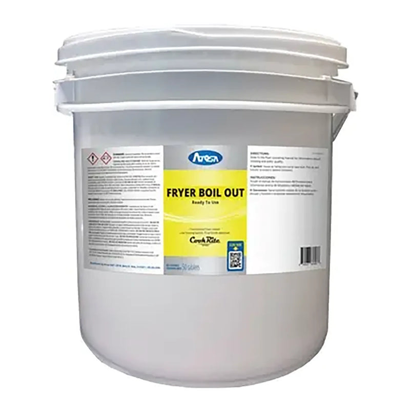 Atosa ATTAB1 fryer boil out tabs in a white 50-count plastic pail for cleaning commercial deep fryers