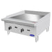 Atosa ATTG-24 24-inch thermostatic gas griddle in stainless steel with side splash guards, angled view