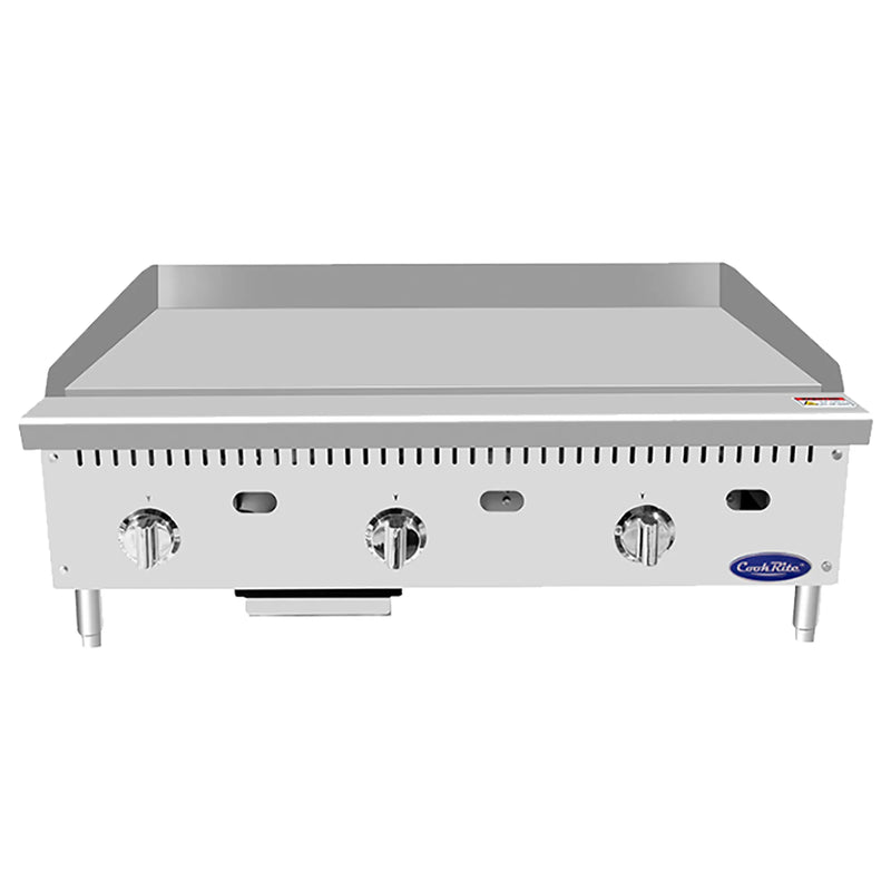 Atosa ATTG-36 36-inch stainless steel thermostatic gas griddle with 20-inch deep plate and three dials, front view