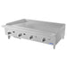 Atosa ATTG-48 48-inch thermostatic countertop gas griddle in stainless steel with splash guards, angled left view