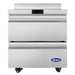 Atosa AUF27SD 27-inch freezer work table with two drawers and a rear backsplash, front view