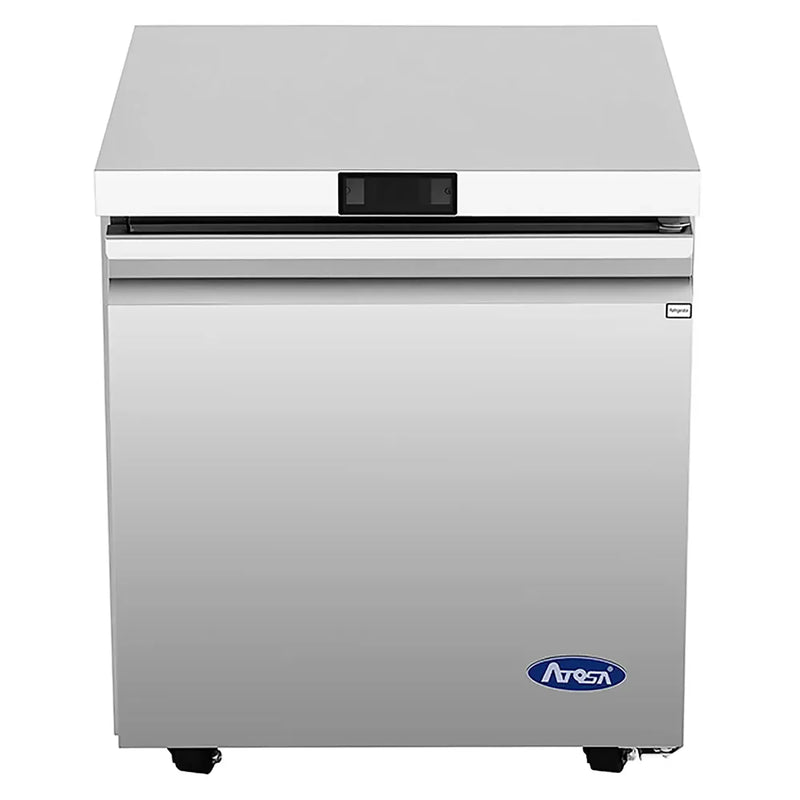 Atosa AUF27SD 27-inch stainless steel freezer work table with a swing door and no backsplash, front view