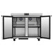 Atosa AUF36SD 36-inch undercounter freezer work table with both doors open showing the interior wire shelves