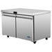 Atosa AUF60SD 60-inch double door stainless steel freezer work table with flat top on casters, angled left view