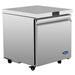 Atosa AUR27SD 27-inch single door stainless steel refrigerated work table with flat top on casters, angled view