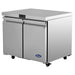 Atosa AUR36SD 36-inch double door stainless steel refrigerated work table on casters, angled right view