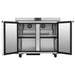 Atosa AUR36SD 36-inch undercounter refrigerated work table with both doors open showing the interior wire shelves