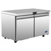 Atosa AUR60SD 60-inch double door stainless steel refrigerated work table with flat top on casters, angled left view