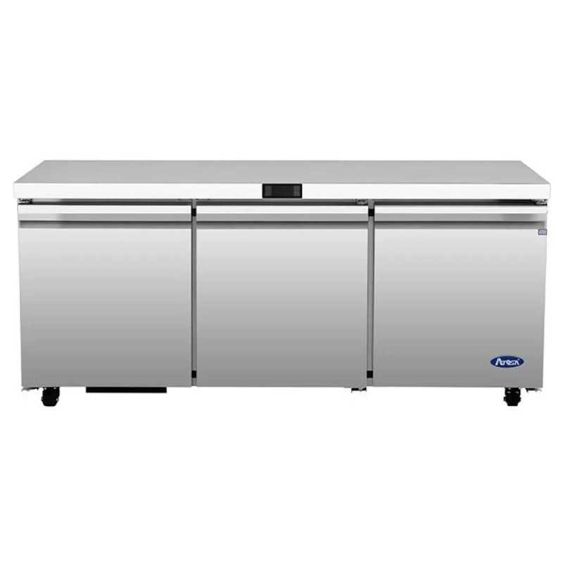 Atosa AUR72SD 72-inch stainless steel refrigerated work table with three swing doors and no backsplash, front view