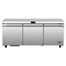 Atosa AUR72SD 72-inch stainless steel refrigerated work table with three swing doors and no backsplash, front view