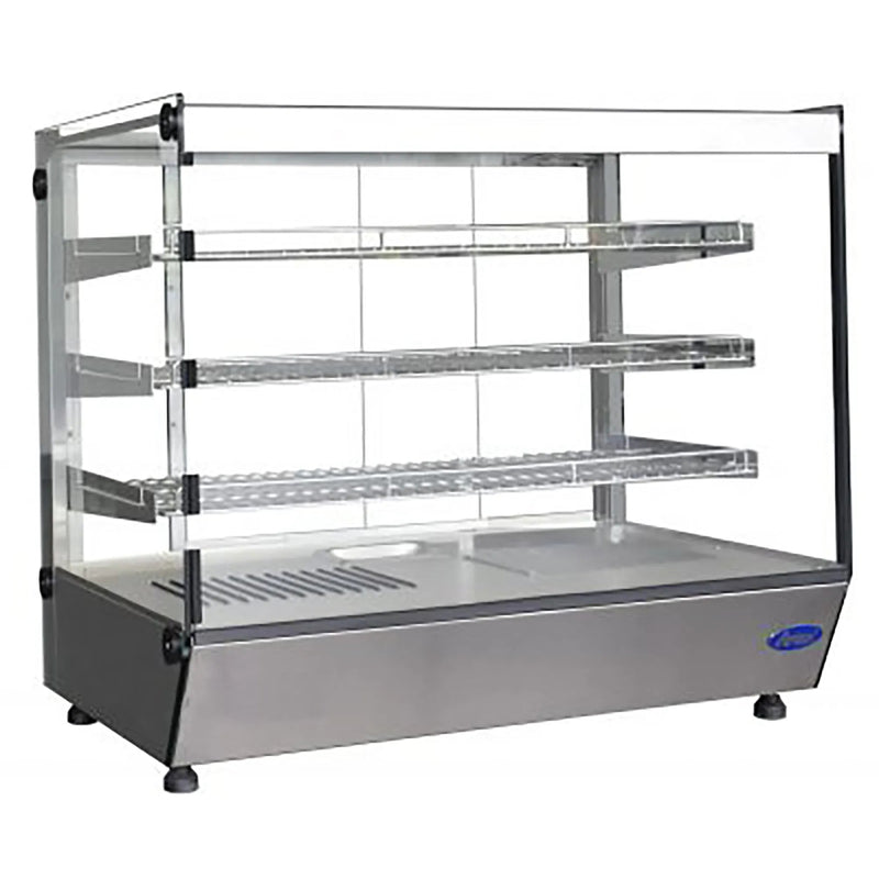 Atosa CHDS-53 28-inch countertop heated food warmer with square glass and tiered display shelves, angled view