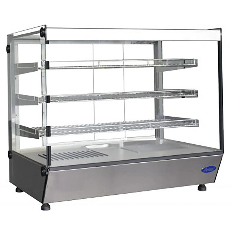 Atosa CHDS-71 36-inch countertop heated food warmer with square glass and tiered display shelves, angled view