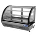 Atosa CRDC-46 36-inch curved glass refrigerated pastry case with interior shelves and lighting, angled right view