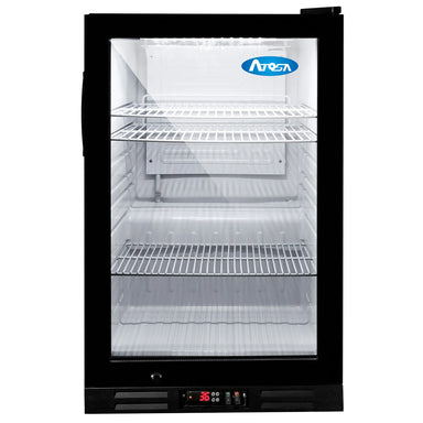 Atosa CTD-5T 21-inch black countertop display refrigerator with single glass door and wire shelves, front view