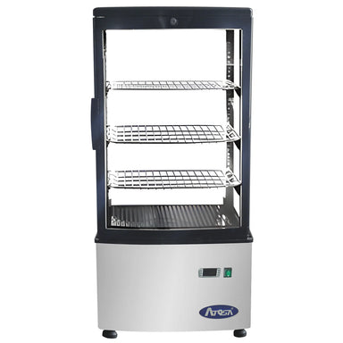 Atosa DSRC-28 countertop display refrigerator with four-sided glass, black frame and three interior shelves