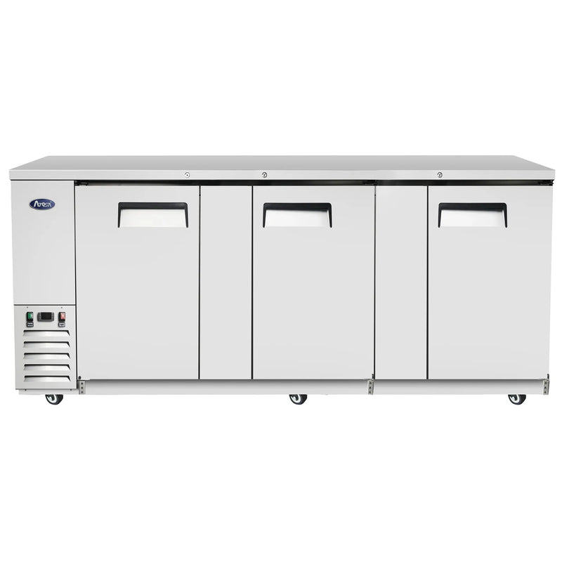 Atosa MBB90GR 90-inch stainless steel back bar cooler with three solid doors, front view
