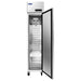 Atosa MBF15RSGR 18-inch slim reach-in refrigerator with the door open showing the adjustable wire shelves