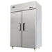 Atosa MBF8129GR 52-inch two door stainless steel refrigerator and freezer combination on casters, angled view