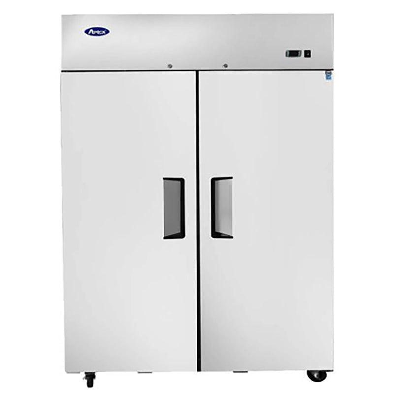 Atosa MBF8129GR 52-inch double solid door stainless steel reach-in refrigerator and freezer combo, front view